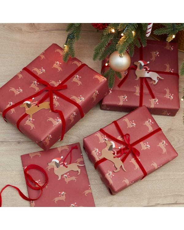 Sausage Dog Christmas Wrapping Paper Kit -  2 Sheets (70cm x 50cm) with Tags &amp; Ribbon