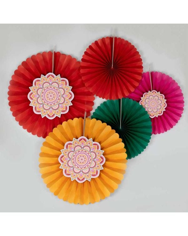 Multicoloured Diwali Paper Fan Decorations (5pk)