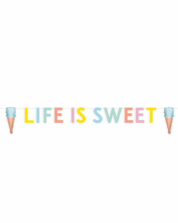 Pastel Ice Cream &quot;Life is Sweet&quot; Banner with Mini Foil Balloons - 1.8m