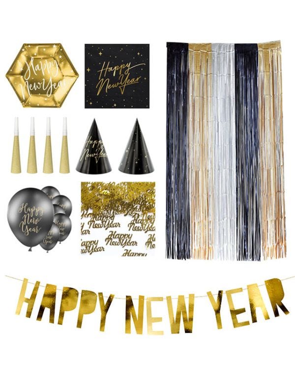 Black &amp; Gold New Years Eve Table Decorating Kit for 12
