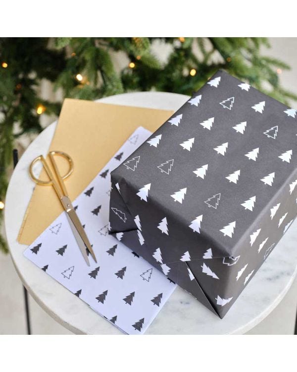 Black, White &amp; Kraft Christmas Tree Print Wrapping Paper (3pk)