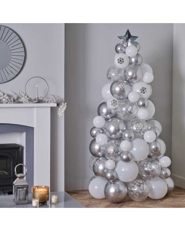Silver, Chrome &amp; Confetti Balloon Christmas Tree - 110 Balloons