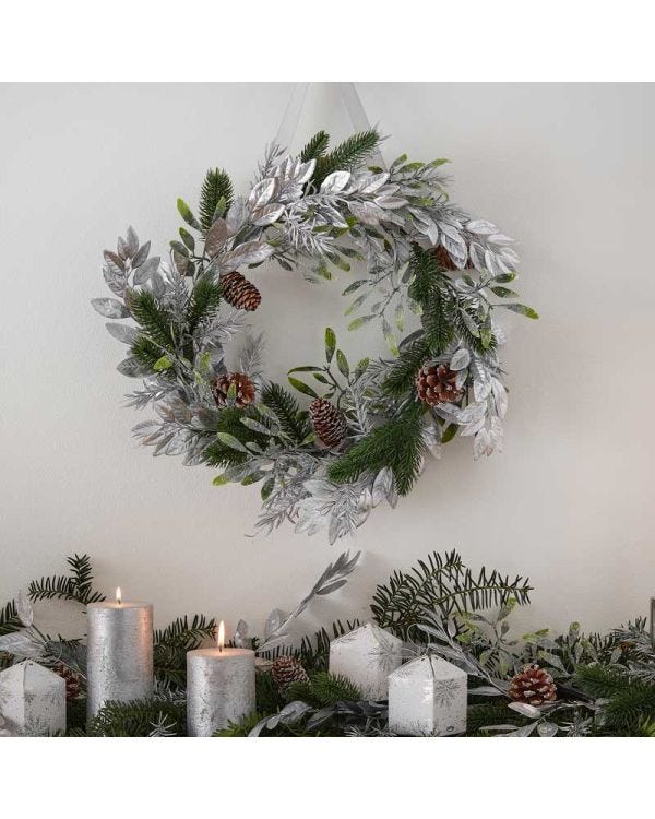 Mistletoe, Pine Cone &amp; Silver Foliage Christmas Wreath - 40cm