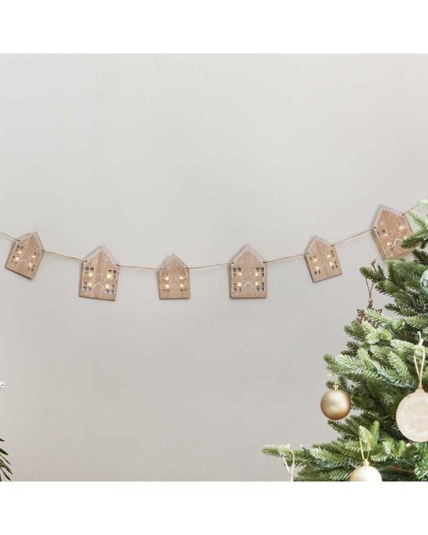 Wooden House Bunting With Light Up Windows - 2m
