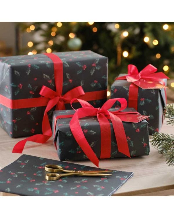 Holly Wrapping Paper with Gift Tags &amp; Ribbon - 2 Sheets (50cm x 70cm)