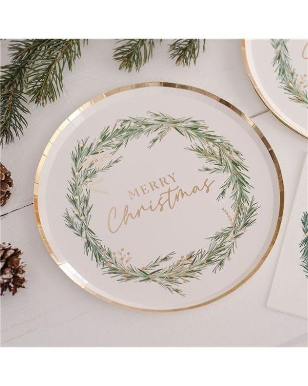 White Merry Christmas Wreath Paper Plates - 24cm (8pk)
