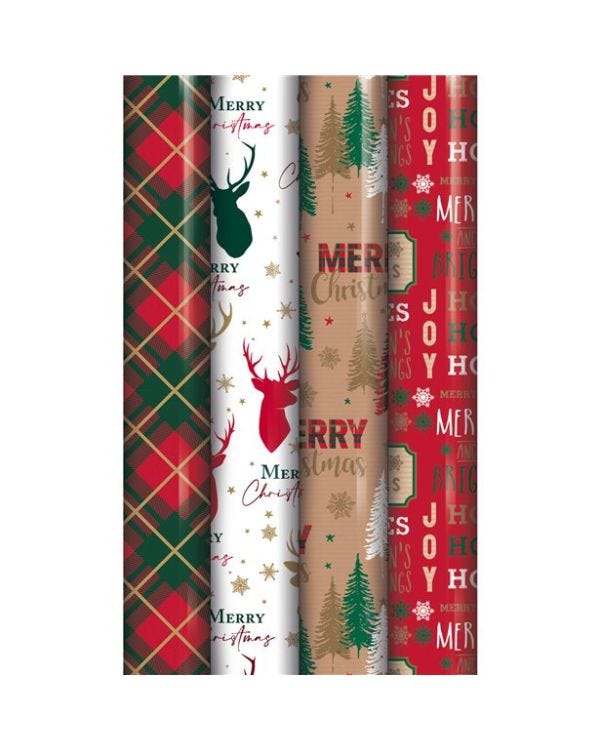 Stag &amp; Tartan Wrapping Paper Roll 7m - Assorted Designs