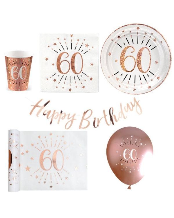 Sparkling Rose Gold 60th Birthday - Deluxe Party Pack for 30