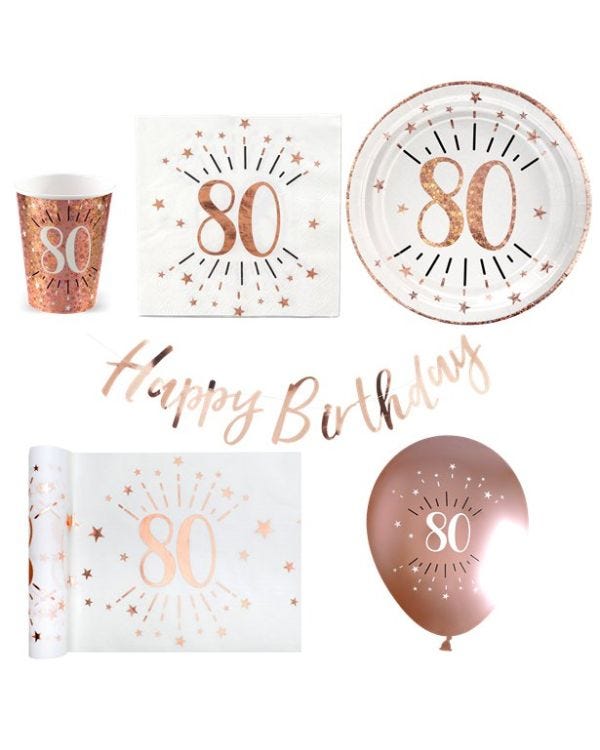 Sparkling Rose Gold 80th Birthday - Deluxe Party Pack for 30