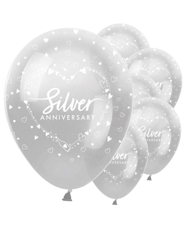 25th Silver Wedding Anniversary Balloons - 12&quot; Latex (6pk)