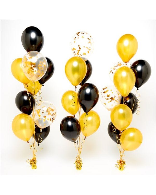 Gold &amp; Black Confetti Balloon Bouquets - 3 Bunches