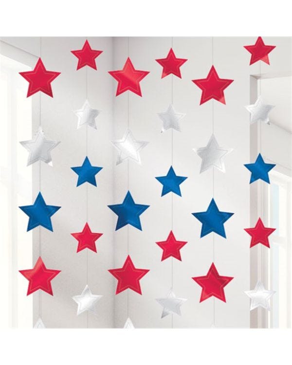Red, Silver &amp; Blue Star Hanging Strings Decorations - 2.1m (6pk)