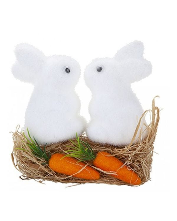 Flocked Bunnies with Grass &amp; Carrots - 9.5cm