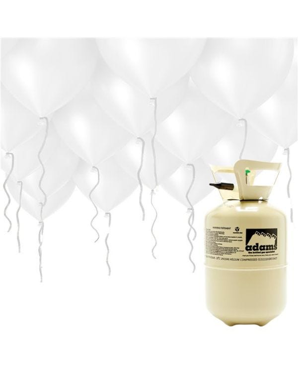 Helium Canister Including 30 x 9&quot; White Latex Balloons &amp; Ribbons