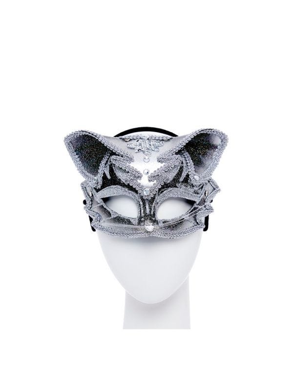 Silver &amp; Black Jewelled Cat Masquerade Mask