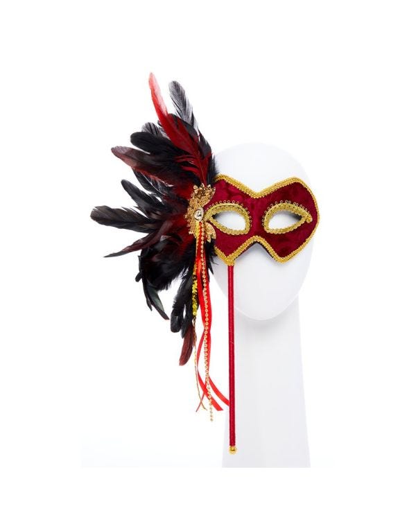 Red &amp; Gold Masquerade Mask on Stick with Feathers