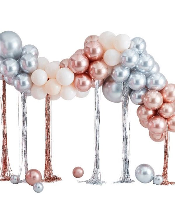 Mixed Metallics Balloon Arch With Streamers - 95 Balloons