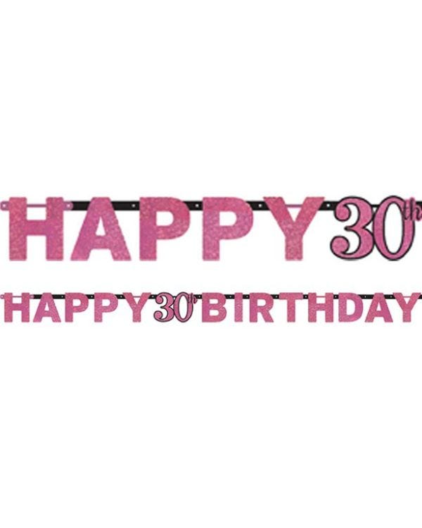 Pink &#039;Happy 30th Birthday&#039; Holographic Paper Letter Banner - 2m