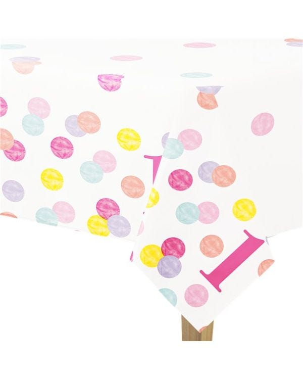 Pink Dots 1st Birthday Plastic Tablecover - 1.4m x 2.1m