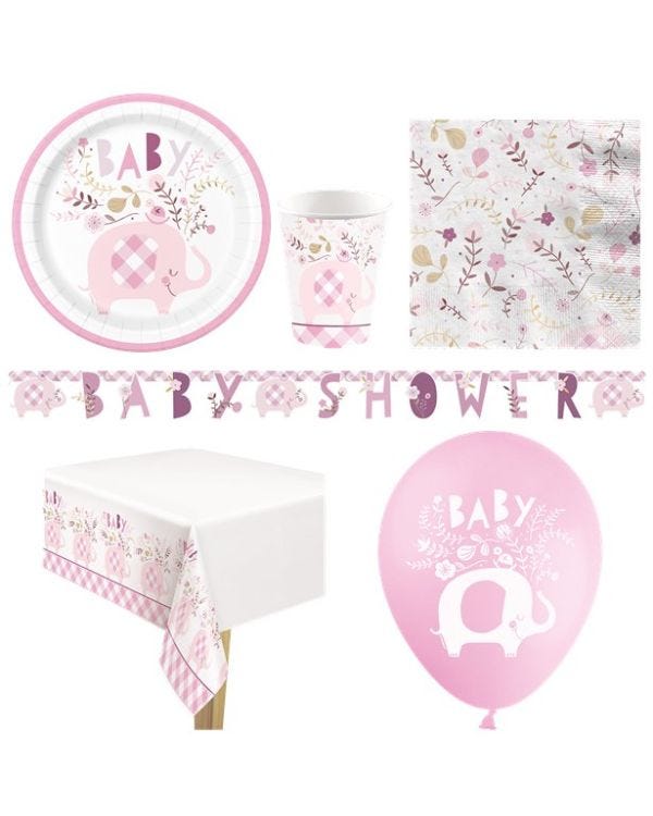 Pink Floral Elephant Baby Shower - Deluxe Party Pack for 8