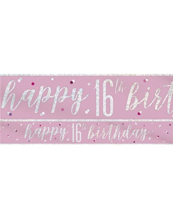 Pink &#039;Happy 16th Birthday&#039; Foil Banner - 2.75cm