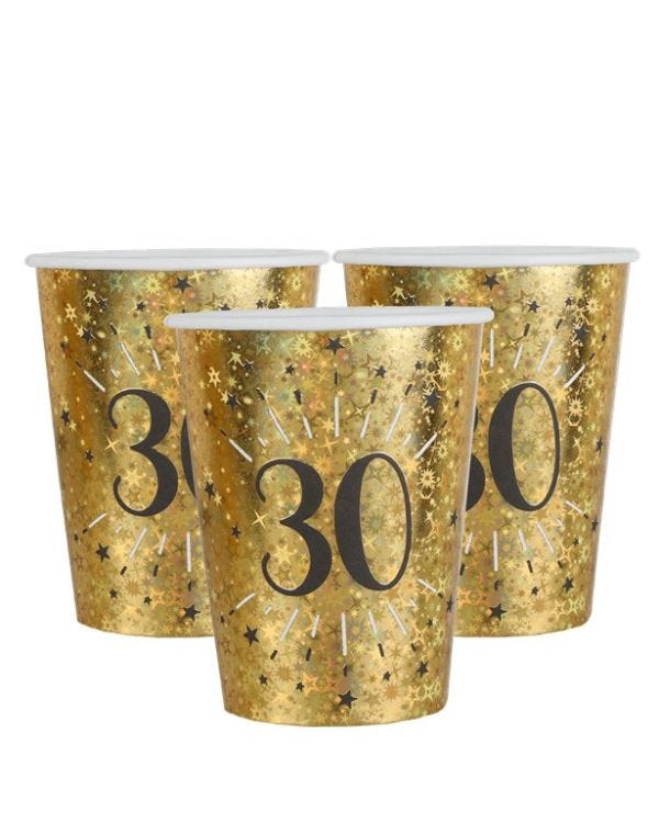 Sparkling Gold 30th Paper Cups - 270ml (10pk)