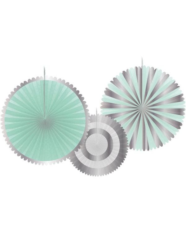 Mint &amp; Silver Paper Fan Decorations (3pk)