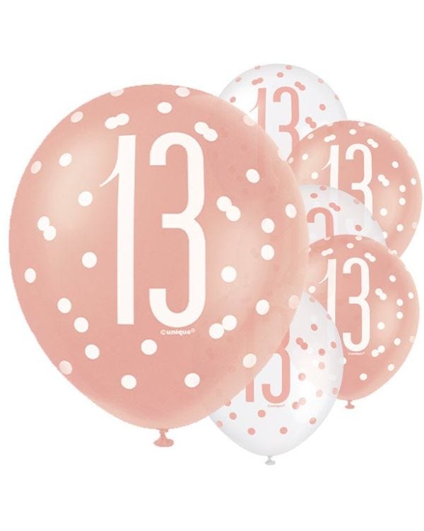 Rose Gold Glitz 13th Birthday Balloons - 12&quot; Latex (6pk)