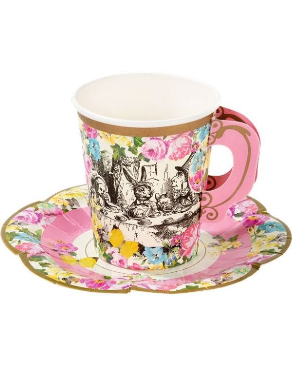 Alice in Wonderland Paper Cups with Saucers (12pk)