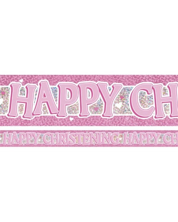 Pink &#039;Happy Christening&#039; Holographic Foil Banner - 3.7m