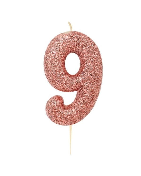 Rose Gold Glitter Number 9 Candle - 7cm