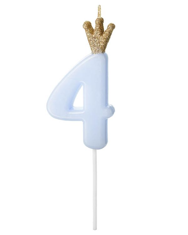 Light Blue Number 4 Candle with Crown - 9.5cm