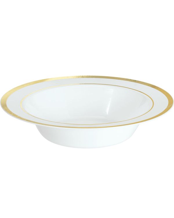 Premium White with Gold Trim Plastic Bowls - 340ml (10pk)