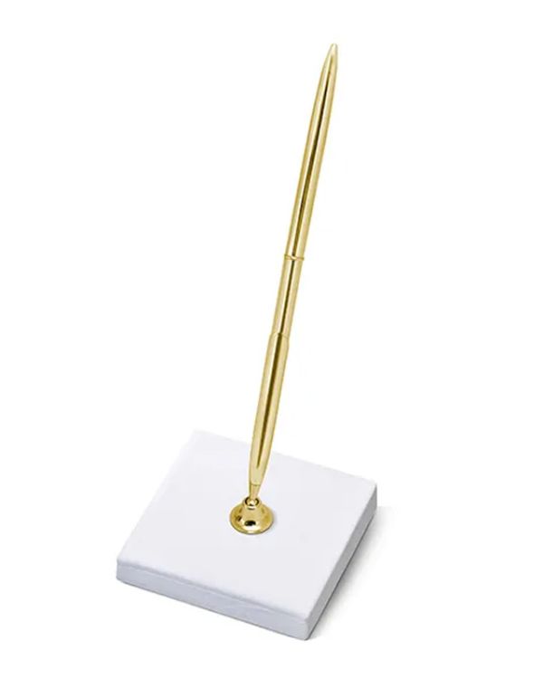 Pearl White Paper Pen Stand with Gold Pen - 8cm x 16.5cm