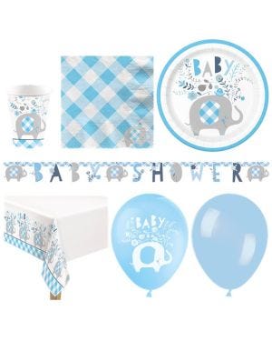 Blue Floral Elephant Baby Shower - Deluxe Party Pack for 16