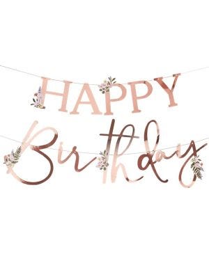 Rose Gold Floral &#039;Happy Birthday&#039; Paper Banner - 2m